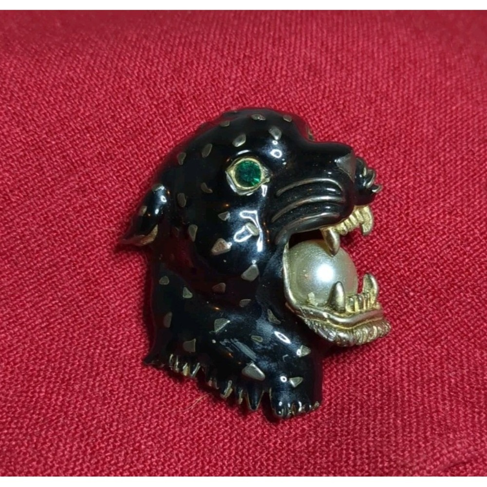 Vintage Enamel Over Brass Black Panther Brooch Pin Green Rhinestone Eyes